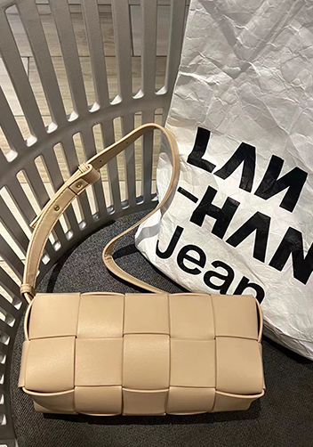 Mia Woven Smooth Leather Medium Shoulder Bag Milk Tea