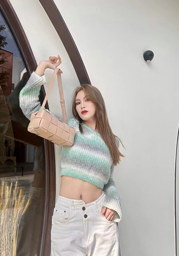 Mia Woven Smooth Leather Medium Shoulder Bag Milk Tea