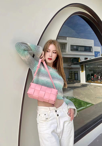 Mia Woven Smooth Leather Medium Shoulder Bag Pink