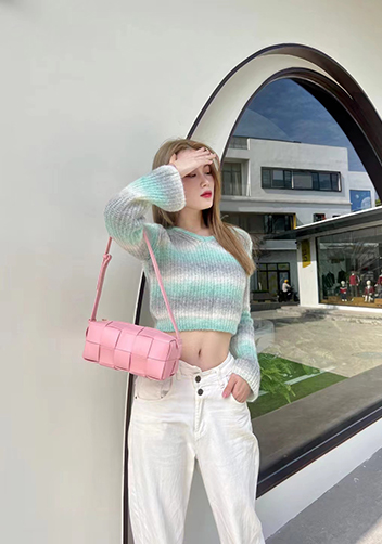 Mia Woven Smooth Leather Medium Shoulder Bag Pink