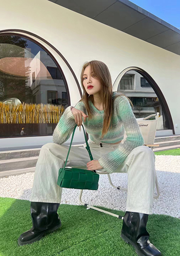Mia Woven Smooth Leather Medium Shoulder Bag Racing Green