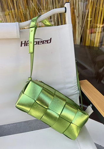 Mia Woven Smooth Leather Medium Shoulder Bag Shining Green