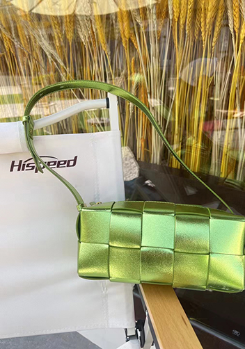 Mia Woven Smooth Leather Medium Shoulder Bag Shining Green