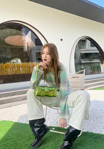Mia Woven Smooth Leather Medium Shoulder Bag Shining Green