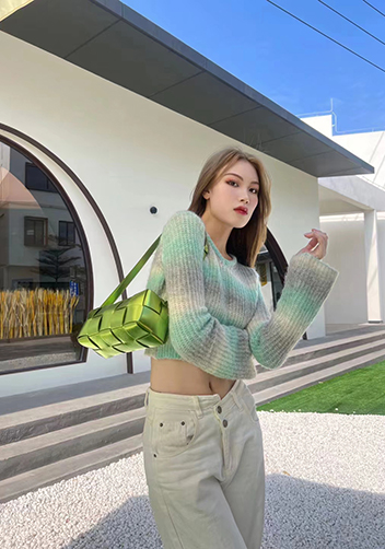 Mia Woven Smooth Leather Medium Shoulder Bag Shining Green