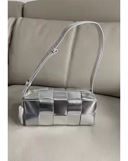 Mia Woven Smooth Leather Medium Shoulder Bag Silver