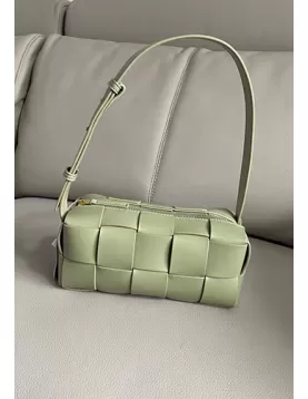 Mia Woven Smooth Leather Medium Shoulder Bag Stone Green