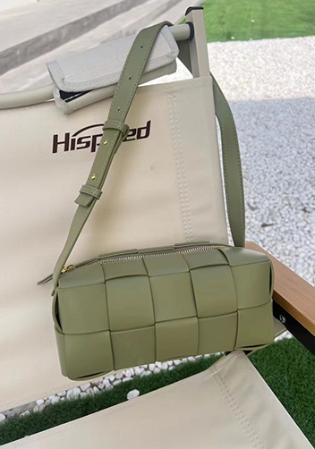 Mia Woven Smooth Leather Medium Shoulder Bag Stone Green