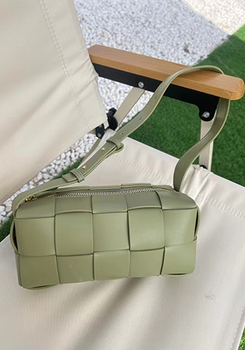 Mia Woven Smooth Leather Medium Shoulder Bag Stone Green