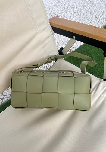 Mia Woven Smooth Leather Medium Shoulder Bag Stone Green