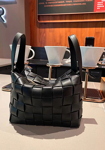 Mia Woven Leather Bowling Shoulder Bag Black