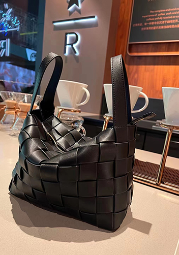 Mia Woven Leather Bowling Shoulder Bag Black