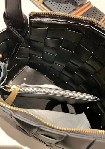 Mia Woven Leather Bowling Shoulder Bag Black