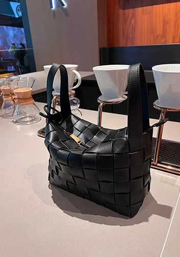 Mia Woven Leather Bowling Shoulder Bag Black