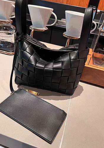 Mia Woven Leather Bowling Shoulder Bag Black