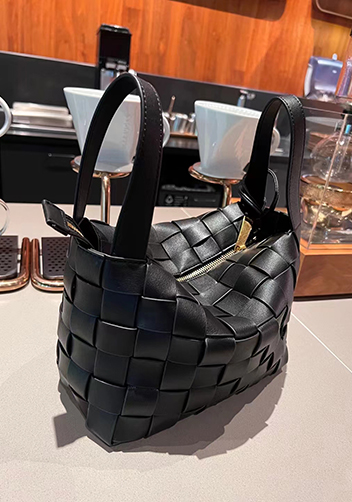 Mia Woven Leather Bowling Shoulder Bag Black