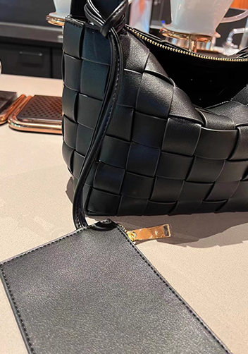 Mia Woven Leather Bowling Shoulder Bag Black