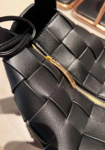 Mia Woven Leather Bowling Shoulder Bag Black
