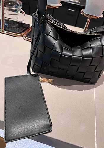 Mia Woven Leather Bowling Shoulder Bag Black