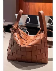 Mia Woven Leather Bowling Shoulder Bag Brown