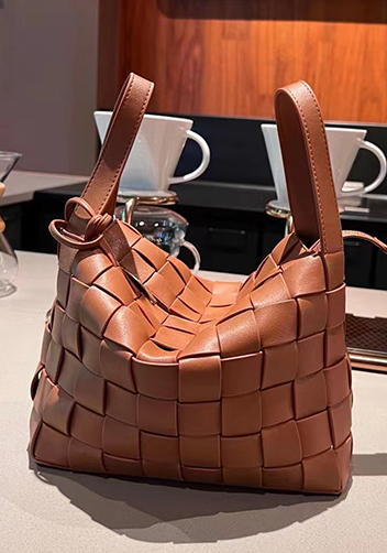 Mia Woven Leather Bowling Shoulder Bag Brown