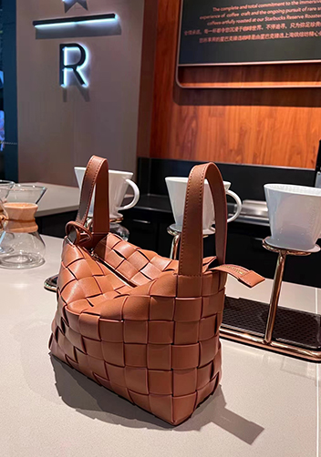 Mia Woven Leather Bowling Shoulder Bag Brown