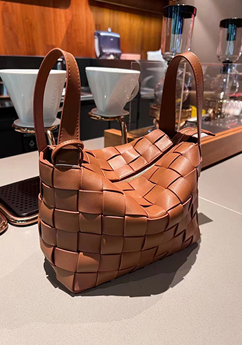 Mia Woven Leather Bowling Shoulder Bag Brown