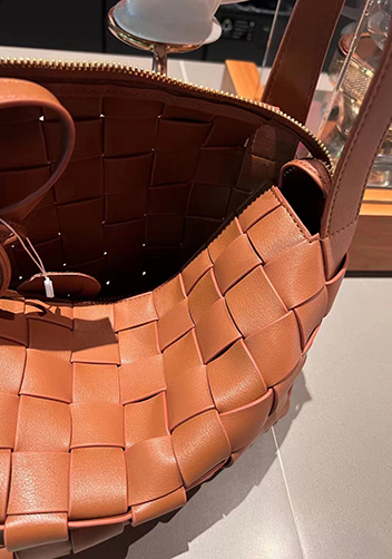 Mia Woven Leather Bowling Shoulder Bag Brown