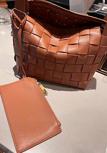 Mia Woven Leather Bowling Shoulder Bag Brown