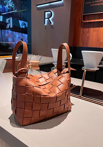 Mia Woven Leather Bowling Shoulder Bag Brown