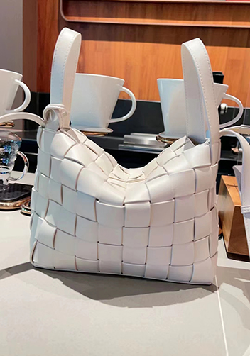 Mia Woven Leather Bowling Shoulder Bag Cream