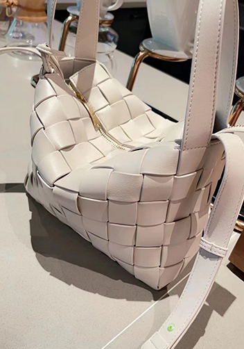 Mia Woven Leather Bowling Shoulder Bag Cream
