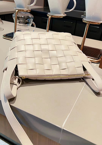Mia Woven Leather Bowling Shoulder Bag Cream