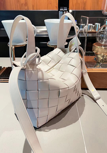 Mia Woven Leather Bowling Shoulder Bag Cream
