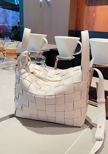 Mia Woven Leather Bowling Shoulder Bag Cream