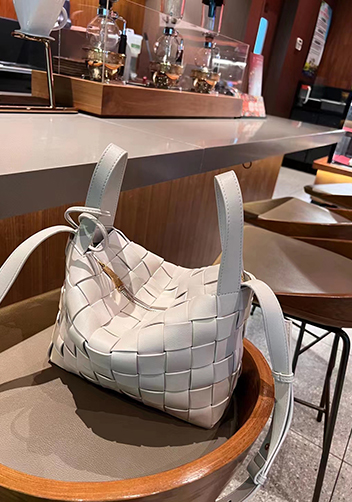 Mia Woven Leather Bowling Shoulder Bag Cream