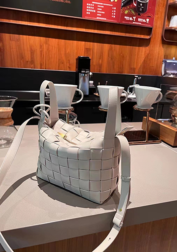 Mia Woven Leather Bowling Shoulder Bag Cream