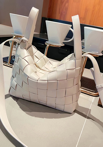 Mia Woven Leather Bowling Shoulder Bag Cream