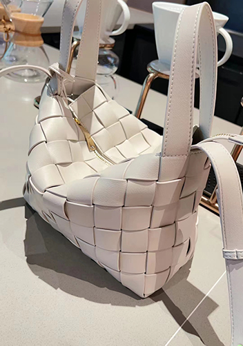Mia Woven Leather Bowling Shoulder Bag Cream