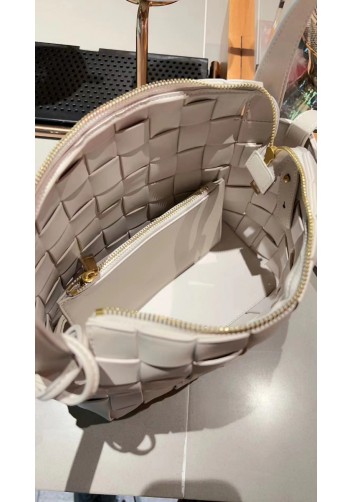 Mia Woven Leather Bowling Shoulder Bag Cream