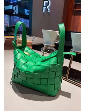 Mia Woven Leather Bowling Shoulder Bag Green