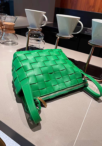 Mia Woven Leather Bowling Shoulder Bag Green