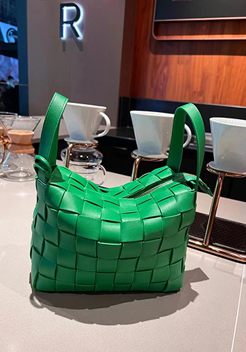 Mia Woven Leather Bowling Shoulder Bag Green