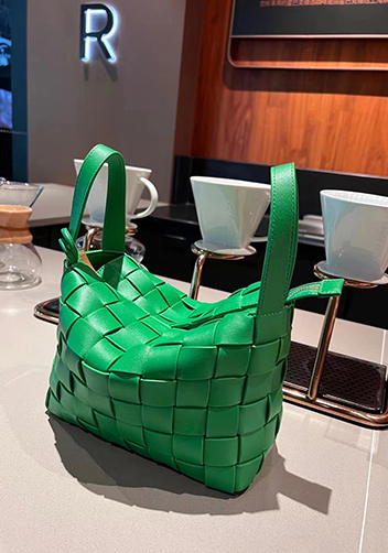 Mia Woven Leather Bowling Shoulder Bag Green