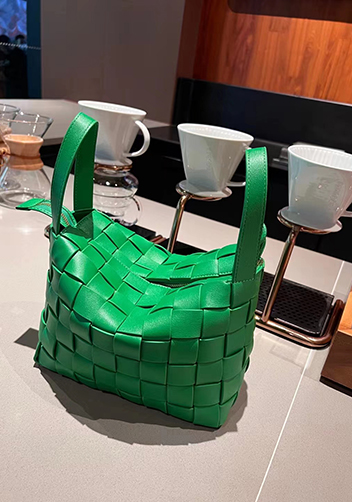 Mia Woven Leather Bowling Shoulder Bag Green