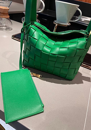 Mia Woven Leather Bowling Shoulder Bag Green