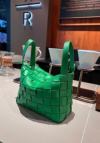 Mia Woven Leather Bowling Shoulder Bag Green