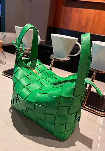 Mia Woven Leather Bowling Shoulder Bag Green