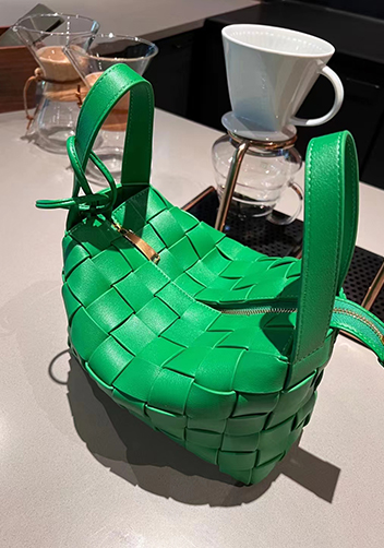 Mia Woven Leather Bowling Shoulder Bag Green