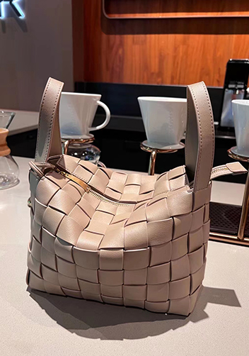 Mia Woven Leather Bowling Shoulder Bag Grey